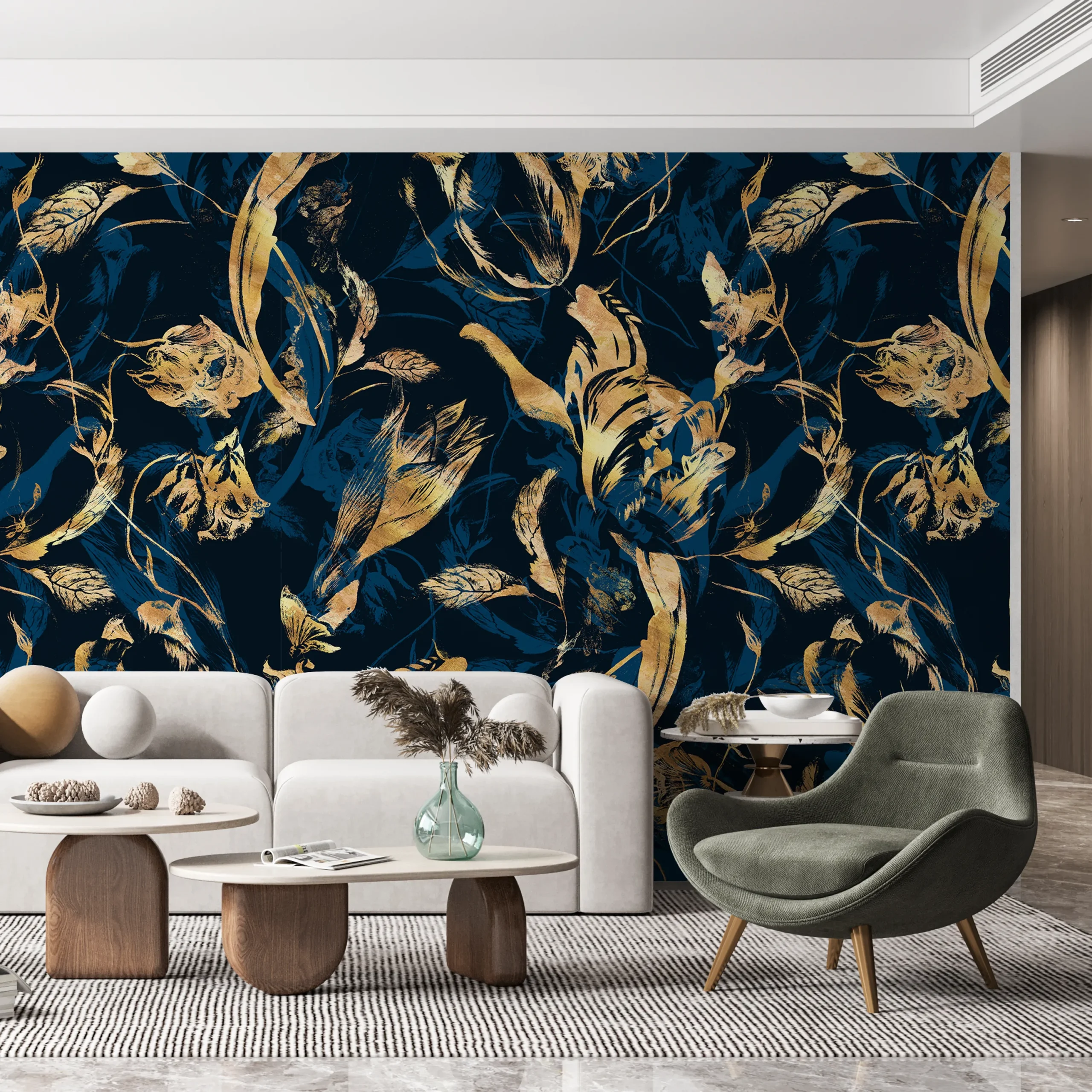 Papier Peint Fleurs Doré et Bleu