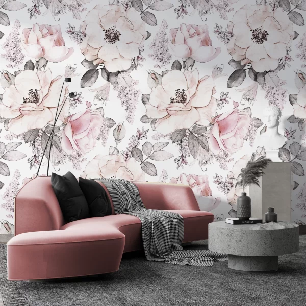 Papier Peint Panoramique Fleurs Rose Clair