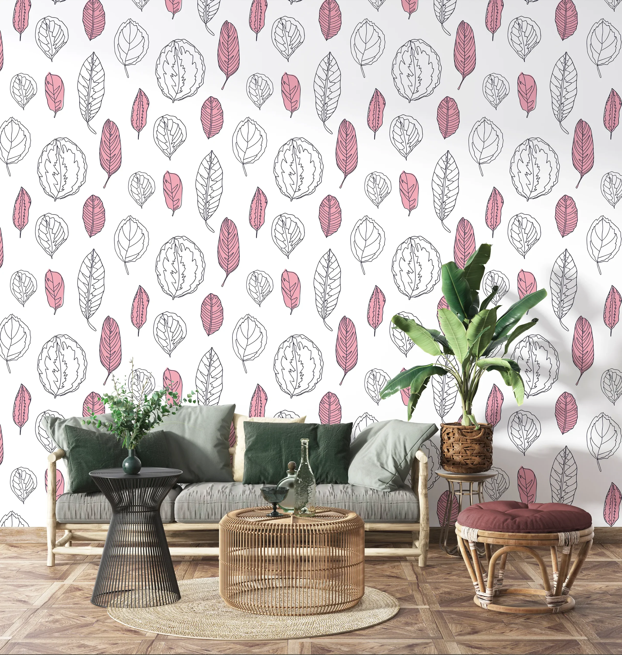 Papier Peint Feuilles Tropicales Noir et Rose