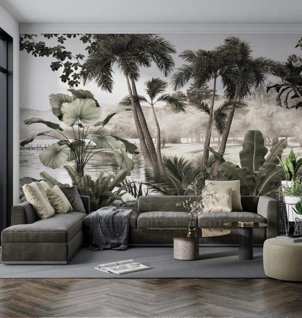 grey sofa and green lounge chair with wall mockup in scandinavia Papier Peint Jungle Panoramique