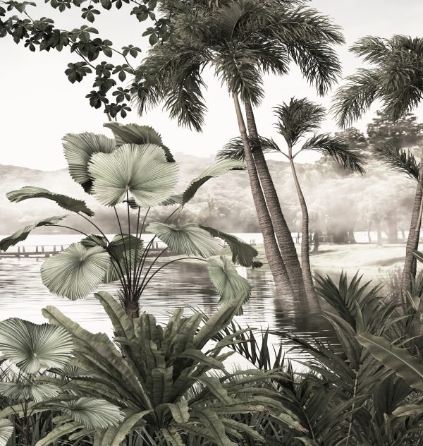 grey sofa and green lounge chair with wall mockup in scandinavia Papier Peint Jungle Panoramique