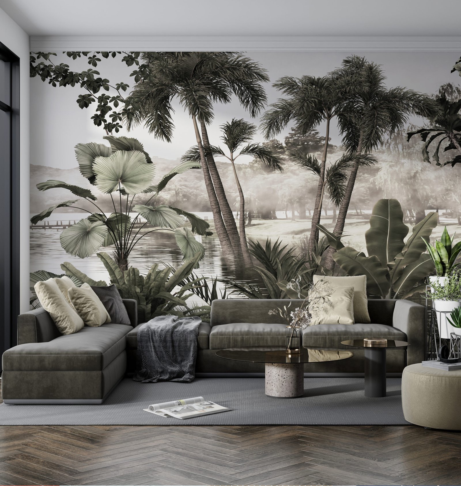 grey sofa and green lounge chair with wall mockup in scandinavia Papier Peint Jungle Panoramique