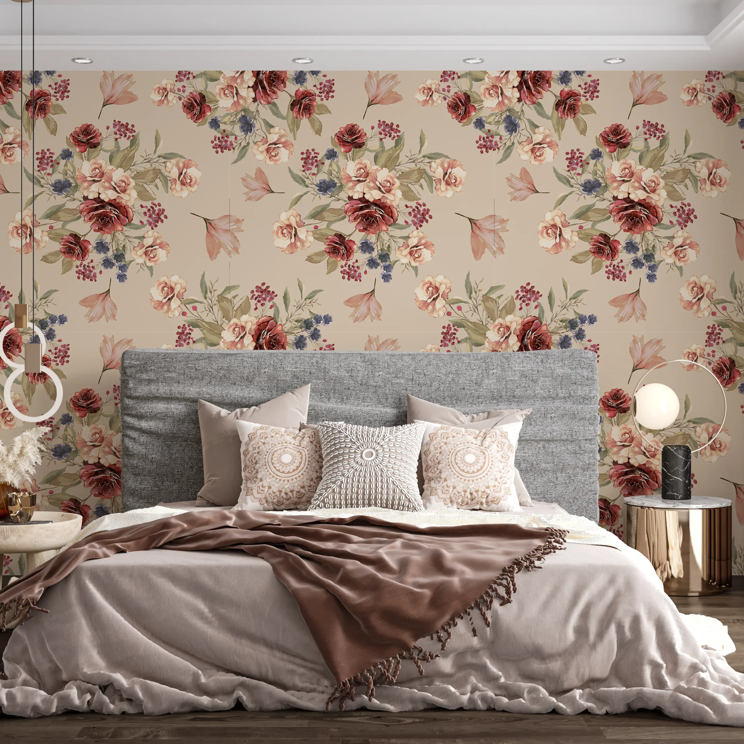 Papier Peint Vintage Floral Beige