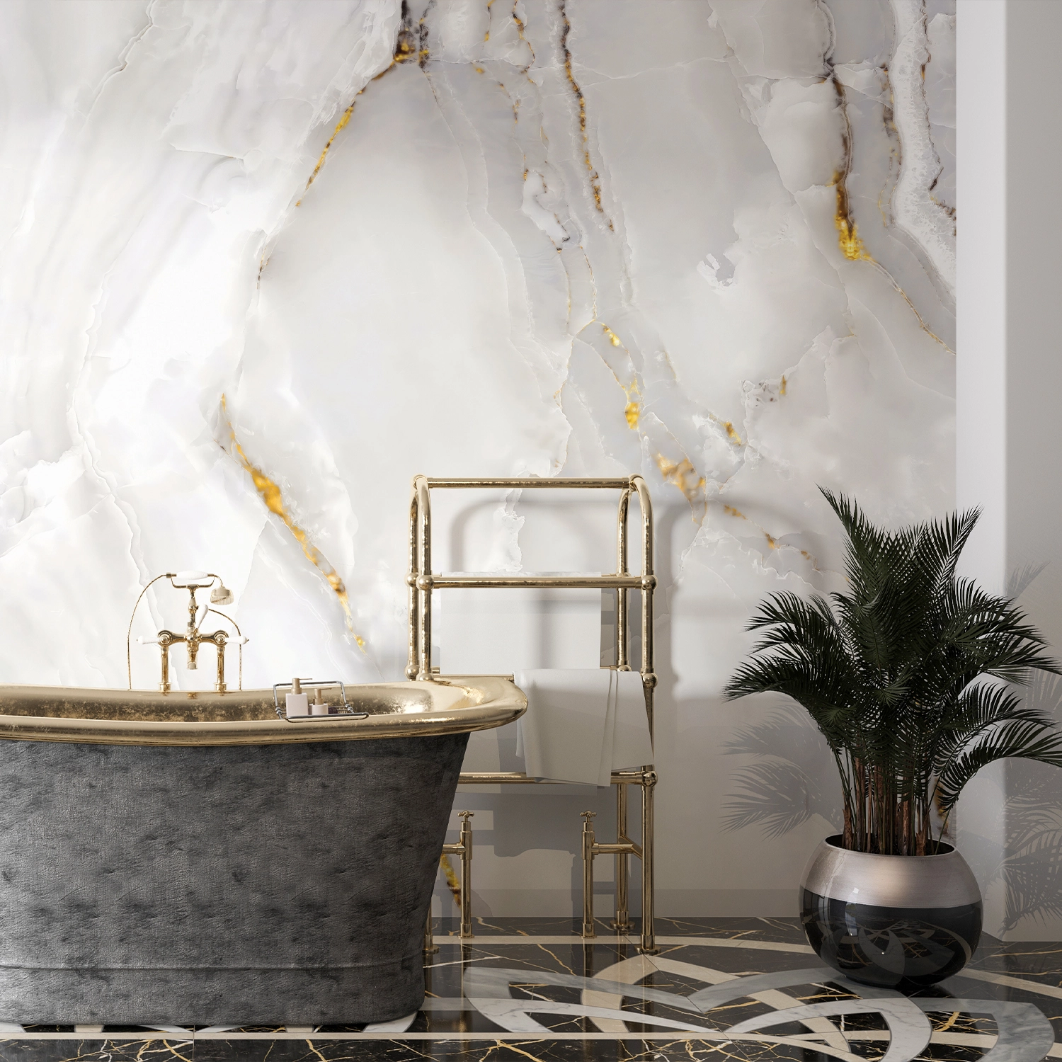 PP00116-WEB Papier Peint Marbre Blanc et Doré