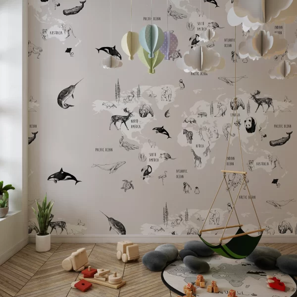 Papier Peint Carte du Monde Animaux 2