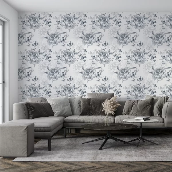 Papier Peint Panoramique Fleurs Grises