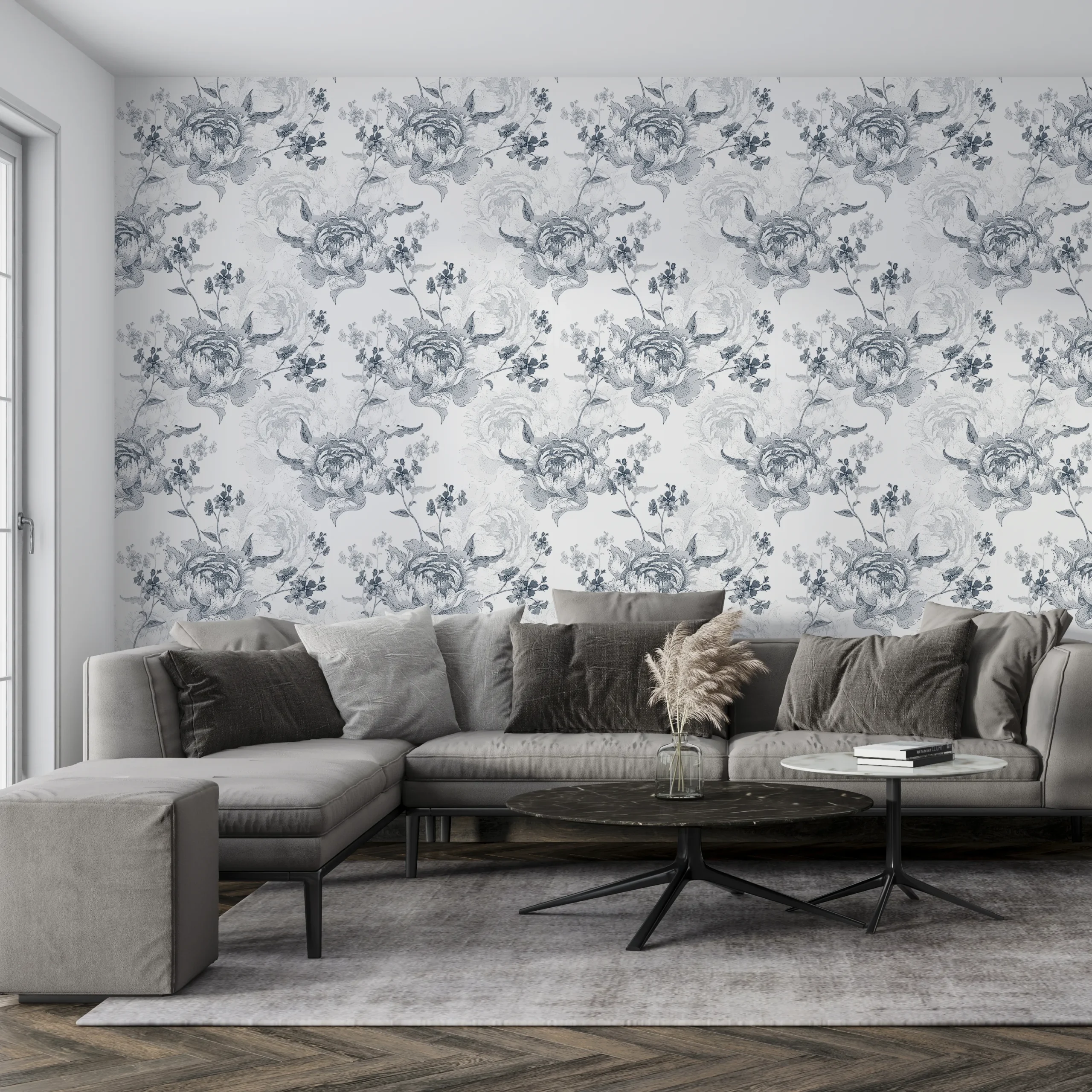 Papier Peint Panoramique Fleurs Grises