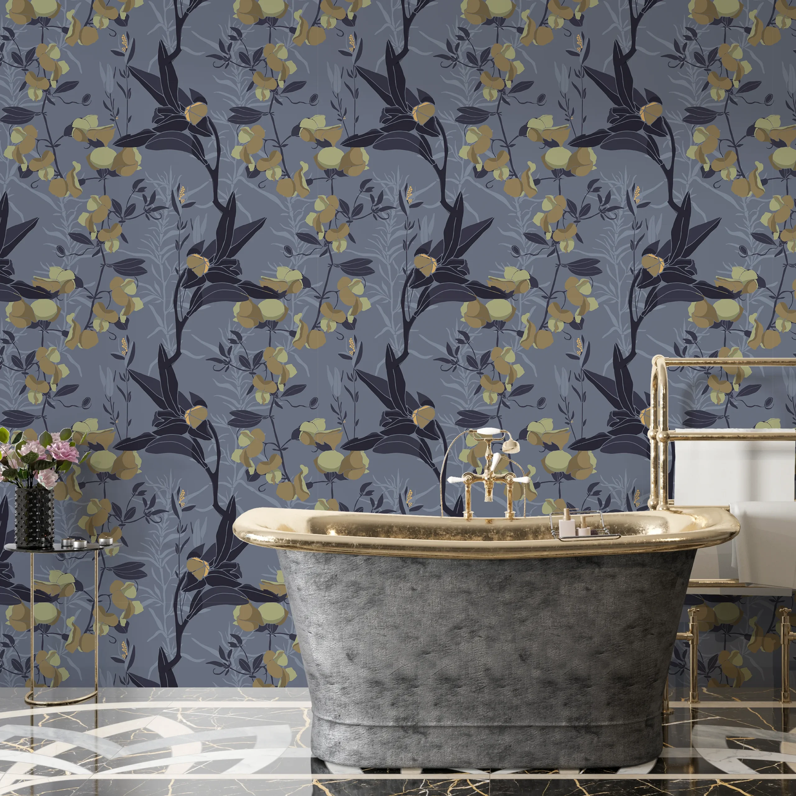 Papier Peint Panoramique Fleurs Grises 2