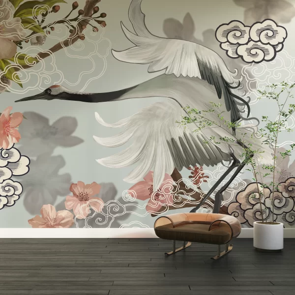 Papier Peint Grue Japonaise Blanche